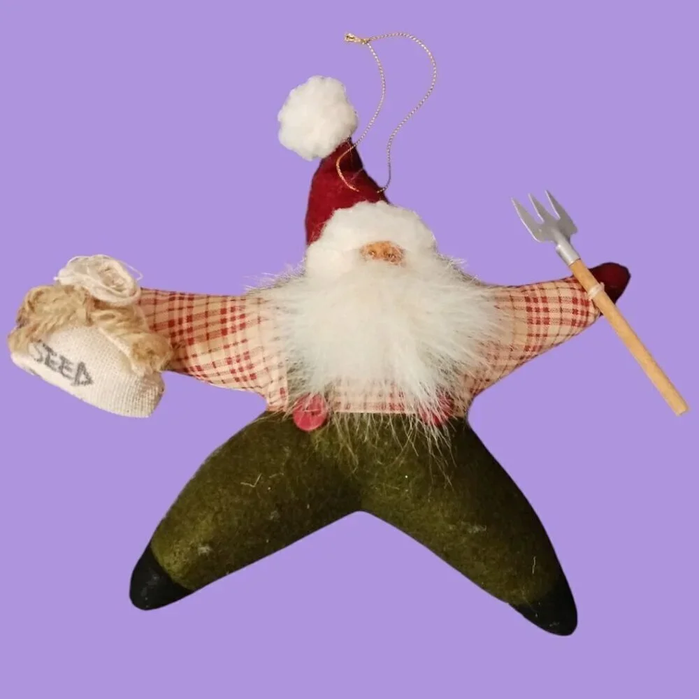 TJ Santas Claus Farmer Ornament With Seed Bag & Pitchfork